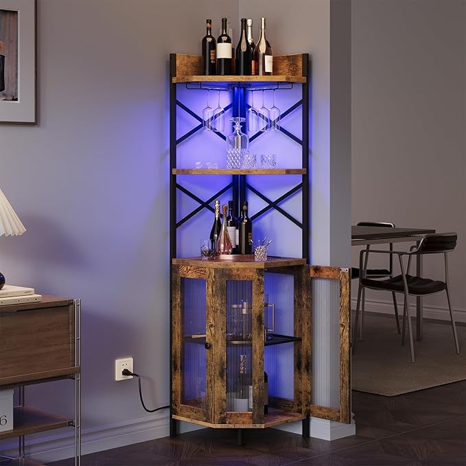 Corner Bar Cabinet with Power Outlet, 5-Tier Corner Wine Cabinet with Led Strip and Glass Holder, Industrial Tall Liquor Cabinet Bar Wine Rack for Home, Rustic Brown-Ruum Studio Home