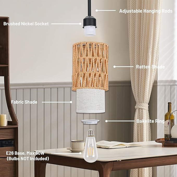 Pendant Light Boho Hanging Lamp, Rattan Hanging Lights with 2 in 1 Linen & Woven Shade, Ceiling Light Fixtures for Kitchen Island, Dining Room, Farmhouse, Bedroom (1 Pack)-Ruum Studio Home