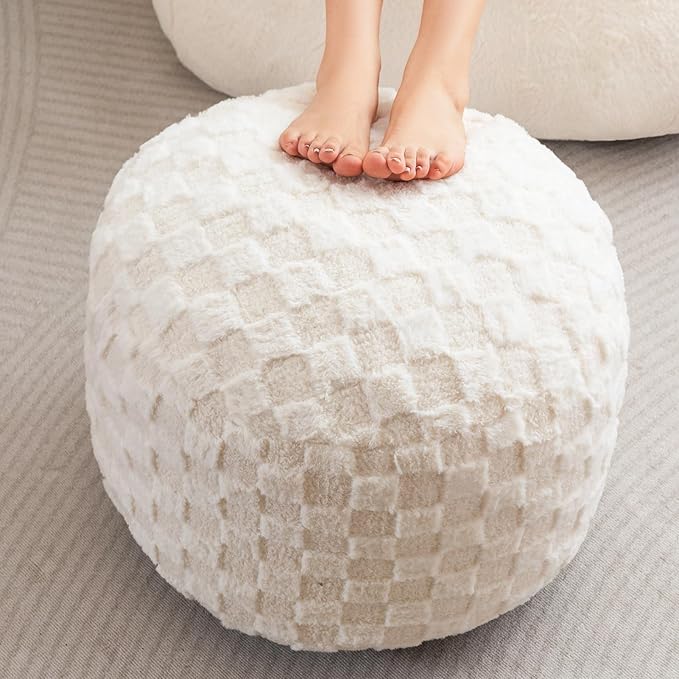 HIGOGOGO Round Stuffed Pouf Ottoman, Plaid Poufs with Foam Chunk Filling, Fluffy and Furry Pouf Foot Stool Storage Ottoman, 20 X 15 Floor Poufs Foot Rest for Living Room, Beige-Ruum Studio Home