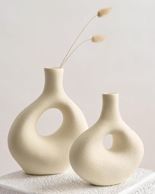 NOBULA White Ceramic Donut Vases – Modern Home Decor for Living Room, Bedroom & Table Centerpiece - Minimalist Nordic – Unique Vases for Olive Plant & Flowers – Decorative Coffee Table Vase Set of 2-Ruum Studio Home