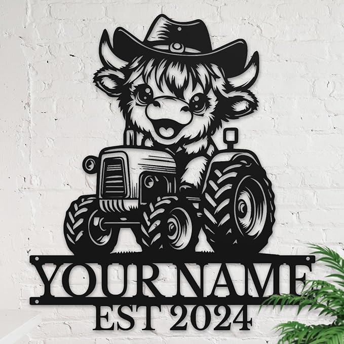 Personalized Highland Cow Name metal Signs,Custom Highland Cow Metal Shed Wall Decor,Black Metal Wall Art Plaques Outdoor wall Decorative Signage (Style B)-Ruum Studio Home