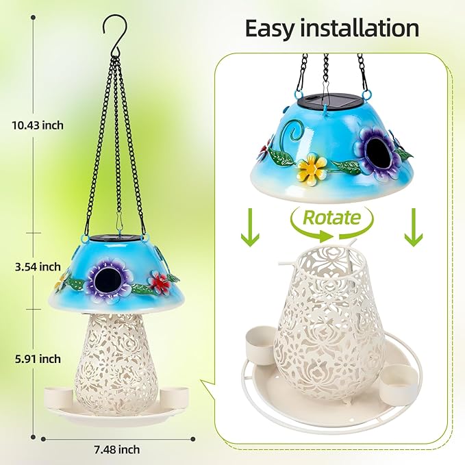 Mushroom Solar Bird Feeders for Outdoors Hanging Metal Wild Bird Feeder Garden Lantern with S Hook for Garden Decoration Blue-Ruum Studio Home