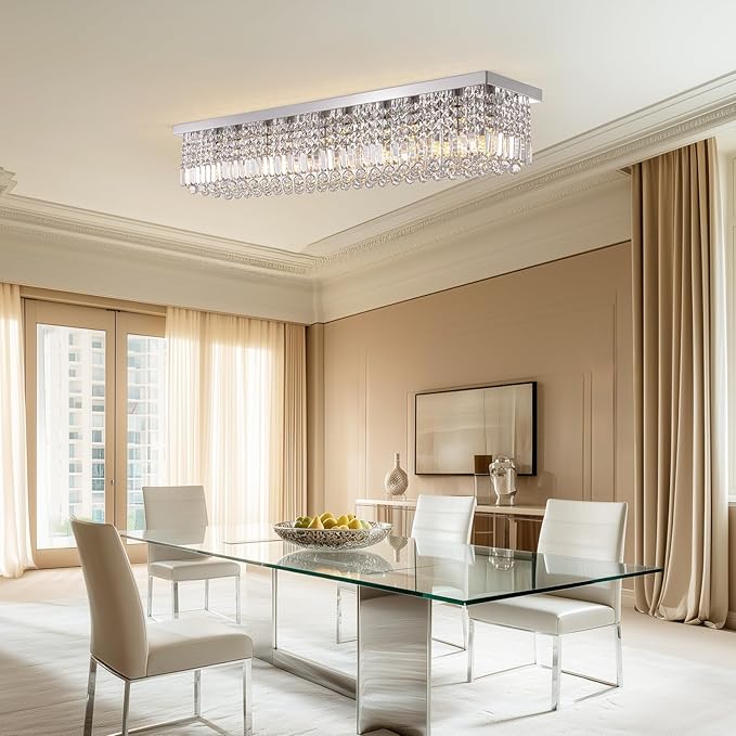 Luxury Lighting Fixture Chandelier Rectangular with Raindrop Crystals Pendant Light Fixture 10-Lights Modern Crystal Rectangle Flush Mount Chandelier for Living Room Dining Room Bar L47 Inch-Ruum Studio Home