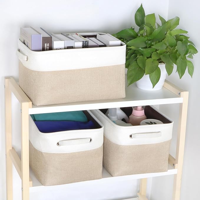 Kntiwiwo Foldable Storage Bins 15" x 10" x 9.5" Fabric Storage Basket Cube with Handles Large Linen Closet Organizer Bins for Organizing Shelf Home,Set of 3, Beige-Ruum Studio Home