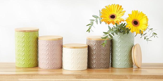 DII Kitchen Accessories Collection, Textured Matte Ceramic Canister Set, Antique White, Vine, 3 Piece-Ruum Studio Home