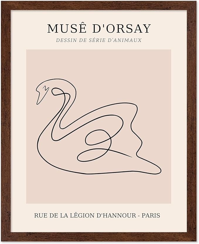 Poster Master Vintage Poster - Retro One Line Swan Drawing Print - Swan Art - Bird Art - Minimal Gift for Her, Animal Lover - Abstract Decor for Home, Office, Bedroom, 16x20 Brown Framed-Ruum Studio Home