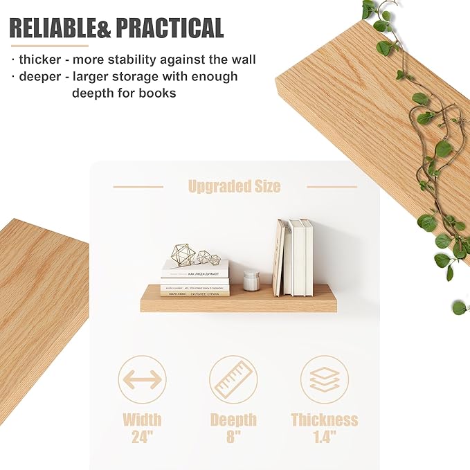 Floating Shelves for Wall, USA-Sourced Oak Wood 24 Inch Wall Shelves Set of 2, Natural Wooden Wall Mounted Picture Ledge Shelf, Nursery Book Storage Shelf Kids Bookshelf, Display Shelf for Bathroom-Ruum Studio Home