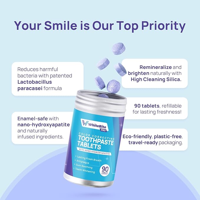Whitebite Pro Color Correcting Toothpaste Tablets with Nano Hydroxyapatite | Fresh Breath & Natural Whitening | Travel-Friendly Toothpaste & Mouthwash | Fluoride and Plastic-Free (Peppermint)-Ruum Studio Home
