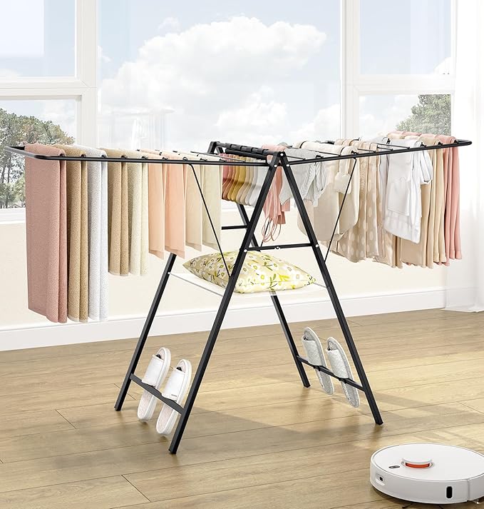 APEXCHASER Foldable Clothes Drying Rack, Metal Laundry Drying Rack Collapsible, Ultra Thin Clothes Rack for Sweater Bra Towel for Indoor & Outdoor Use, Height Adjustable Gullwing Clothes Airer, Black-Ruum Studio Home