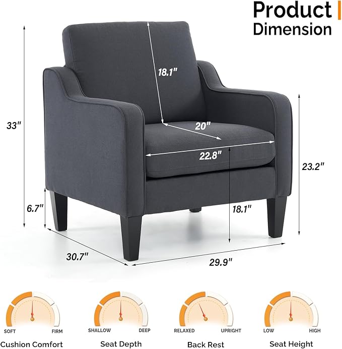 VINGLI Accent Chairs Set of 2 Living Room Chairs Dark Grey Reading Chair for Bedroom Scooped Arm Chair Mid Century Modern Linen Chairs Upholstered Comfy Chair for Apartment, Waiting Room-Ruum Studio Home