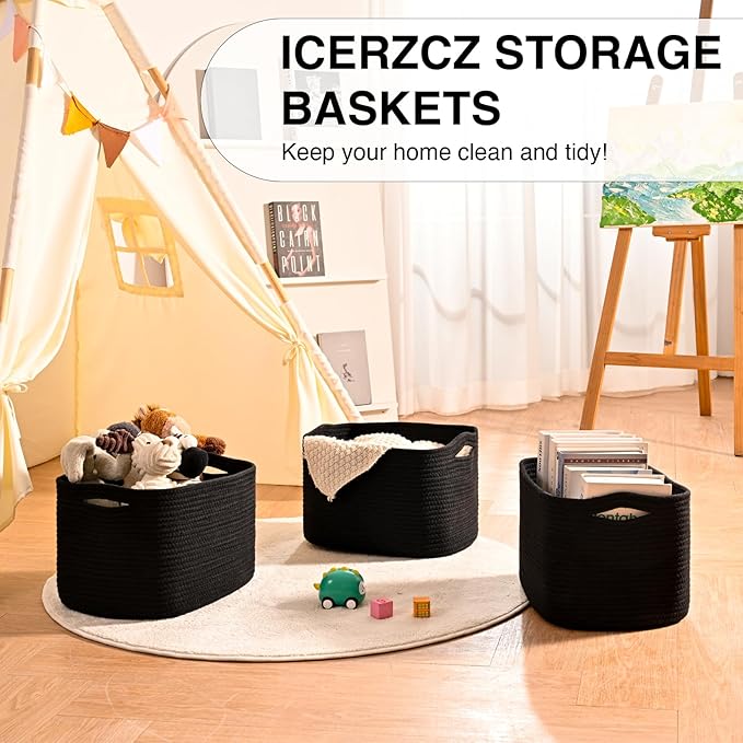 Black Storage Baskets for Organizing Shelves, Toy Basket for Nursery, Woven Cotton Rope Basket for Decor, Towel Baskets for Bathroom, 15"x11"x9.5", 3 Packs, Black-Ruum Studio Home