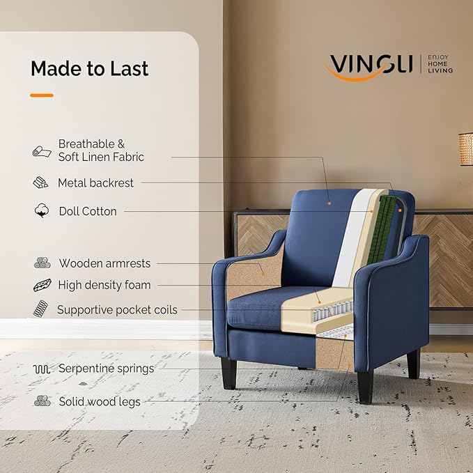 VINGLI Mid Century Modern Accent Chair, Navy Blue Fabric Accent Chairs for Living Room, Upholstered Armchair with Scooped Arms for Bedroom, Apartment, Studio, Office, Waiting Room-Ruum Studio Home