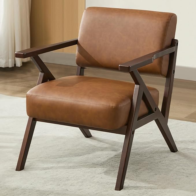 Mid-Century Modern Lounge Armchair - Genuine Brown Leather with Solid Wood X-Base Frame, Seat Cushion - for Living Room, Study, Balcony Retro Design, Brown Leather-Ruum Studio Home