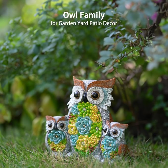 Solar Garden Statue Lights Owl Figurine with LED Lights, Outdoor Garden Succulent Ornaments, Mothers Day Mom Gifts for Outside Patio Yard Lawn Decor-Ruum Studio Home