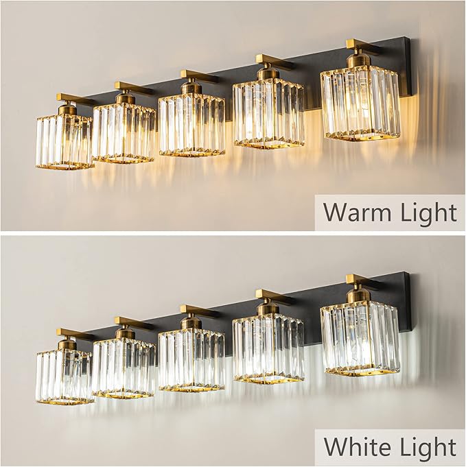 Modern Bathroom Vanity Light 5-Lights Black Gold Crystal Bathroom Wall Light Vanity Light Fixtures，36.22-inch Modern Minimalist Design-Ruum Studio Home