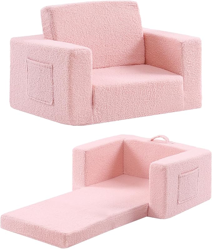 2-in-1 Toddler Chair Sherpa Couch - Soft Kids Lounger for Bedroom, Convertible Sofa for Girls and Boys, Reading Chair, Pink-Ruum Studio Home