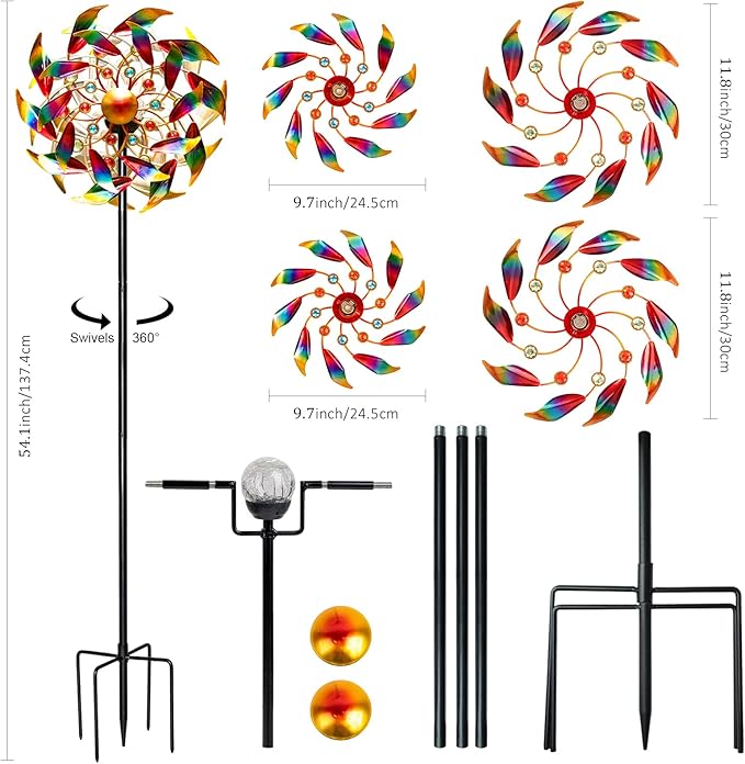 Solar Wind Spinners for Yard and Garden - 360° Metal Large Wind Sculptures Outdoor Clearance Kinetic Windmills with 4 Layer Jeweled Blades for Patio, Lawn Garden Decoration - 54Inch-Ruum Studio Home