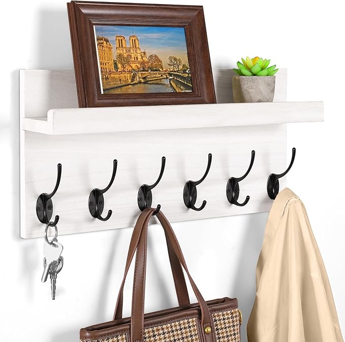 Shelf with Hooks, Coat Rack Wall Mount with 6 Double Metal Hooks, 17 Inch Farmhouse Wall Hooks with Shelf for Entryway, Bathroom, Kitchen, White-Ruum Studio Home