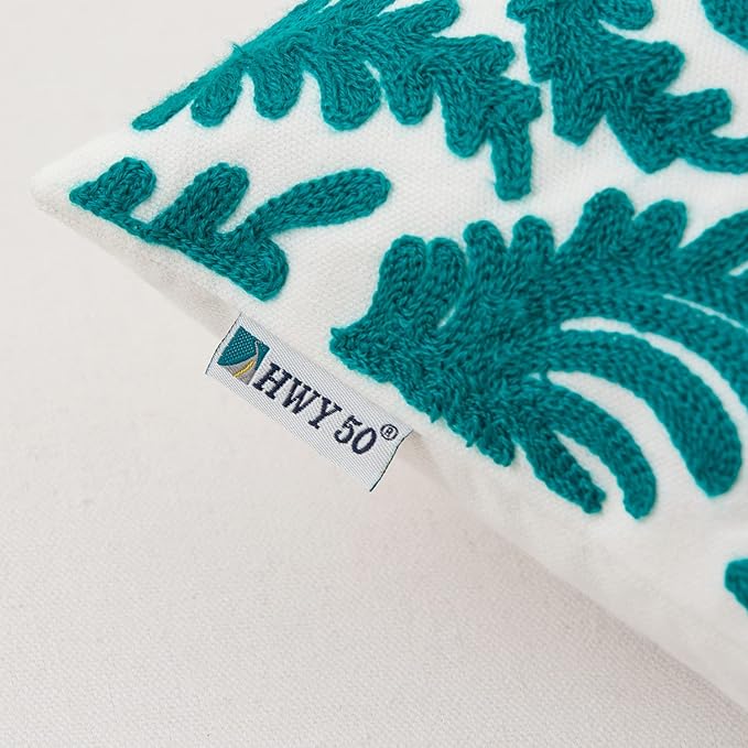 HWY 50 Teal Decorative Throw Pillow Covers 18x18 Inch (1 Piece), Embroidered Cotton Farmhouse Cushion Cover Pillow Case for Sofa Couch Living Room Bed Bedroon, Floral Branches-Ruum Studio Home