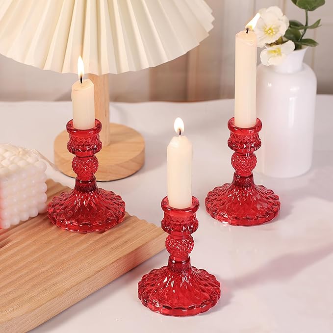 12Pcs Red Candlestick Holders Set- 4" H Taper Candle Holders Bulk, Glass Candle Holders for Activities, Party, Romantic Dinner Table Centerpieces, Festival Gifts & Windowsill Decor-Ruum Studio Home