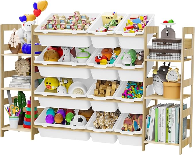 Toy Storage Organizer, with 4-Tier Toy Shelf and 12 Bins, Kids Bookshelf and Toy Storage with 6 Shelves for Kids Room Bedroom Playroom Nursery Room-Ruum Studio Home