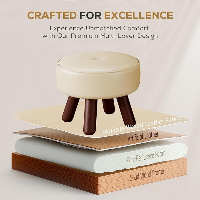 Small Foot Stool 13in, Round Faux Leaher Ottoman Foot Rest for Living Room, Under Desk Footstool Foot Rest with Non-Skid Rubber Legs for Bedroom, Entryway, 13''L x 13''W x 10.2''H, White-Ruum Studio Home