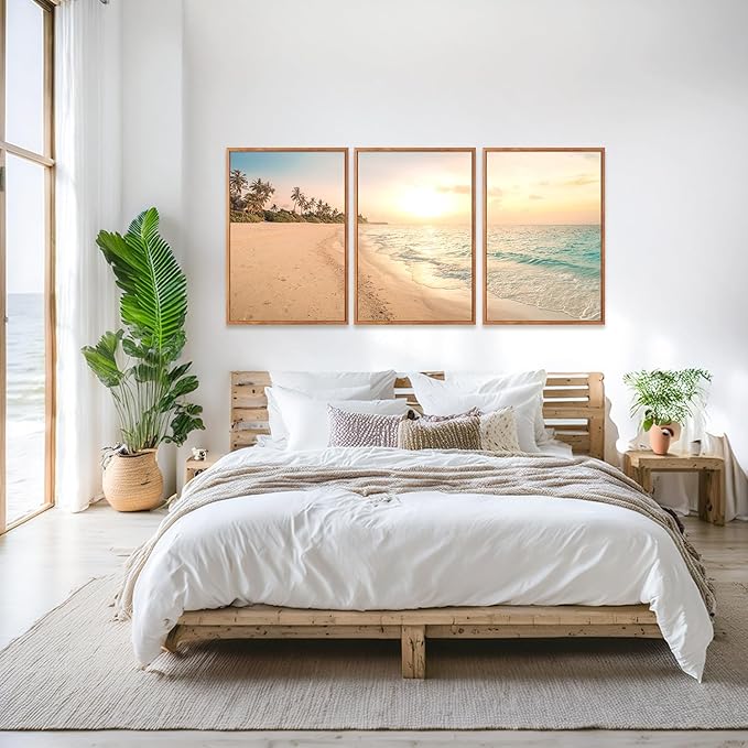 Aurlan Tropical Beach Sunset Framed Wall Art(16"x24"), 3PCS Coastal Ocean Island Canvas Artwork, Vintage Seascape Landscape Scenery Decor Prints for Office Home-Ruum Studio Home
