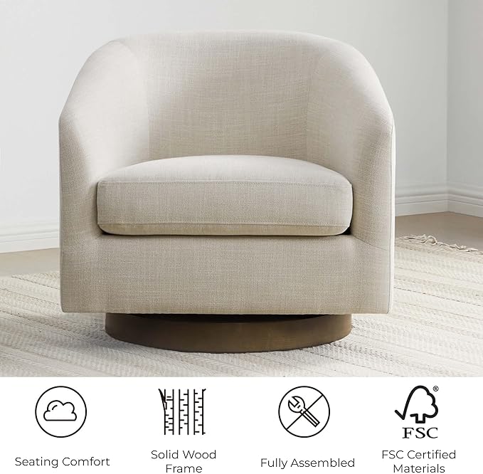 CHITA Swivel Accent Chair, FSC Certified Upholstered Fabric Barrel Chair for Living Room, Fully Assembled, Linen-Ruum Studio Home