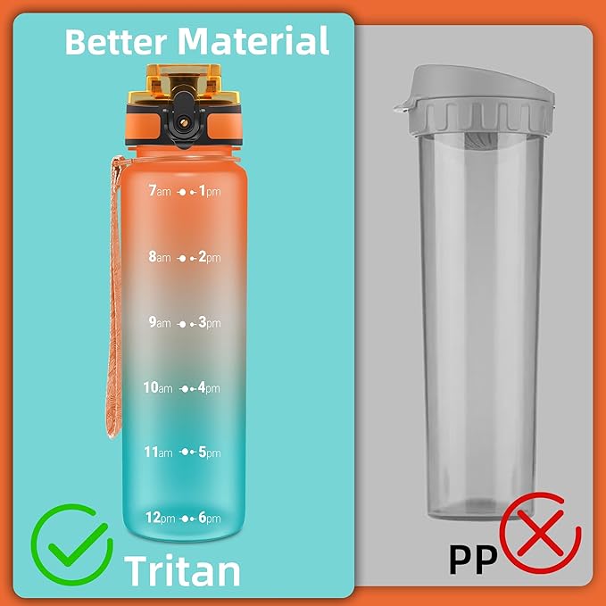 OLDLEY 32 oz Water Bottle, Motivational Water Bottle with Time Marker, Sports Water Bottle With Strap, Leakproof & BPA Free Large Water Bottles for School, Gym, Travel, Outdoor, Tritan,Orange&Green-Ruum Studio Home