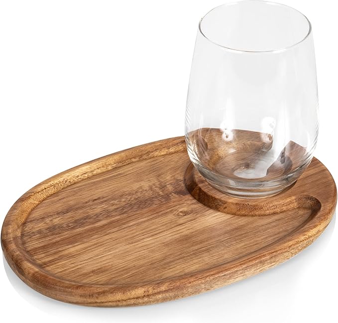 PICNIC TIME TOSCANA -Wine Appetizer Plates, Cocktail Plate with Glass Holder, Cheese Board with Wine Holder, (Acacia Wood), 9 x 6, Set of 4-Ruum Studio Home