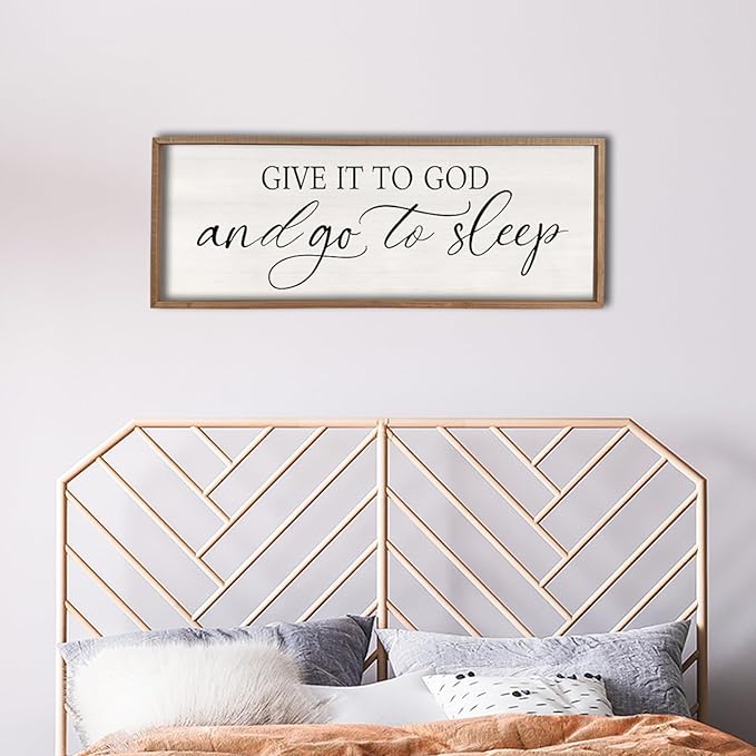 comurdyo Give It To God And Go to Sleep Sign 40''×15'' Master Bedroom Above Bed Wall Decor Wood Framed Couple Large Farmhouse Guest Room Rustic Simple Over Bedside Wall Art Hanging Decor (Wood)-Ruum Studio Home