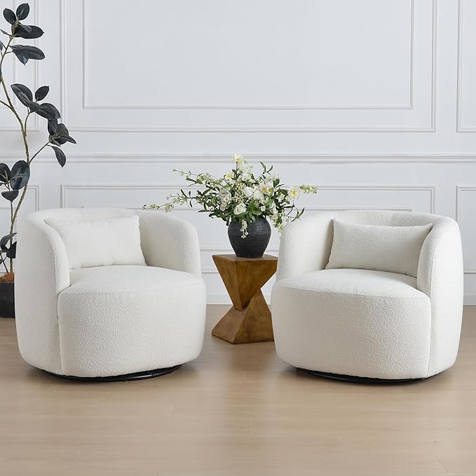 KINWELL 34" Wide Sherpa Swivel Barrel Chairs Set of 2, No Assembly Round Boucle Upholstered Accent Chairs Armchairs Single Sofa Chair with Toss Pillow for Living Room and Bedroom, Beige-Ruum Studio Home