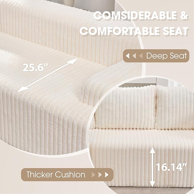Hobestluk 96” Modular Sectional Sofa Couches L-Shape Couch 3 Seat Modular Sofa Memory Foam Sectional Couches for Living Room, Cloud Couch with Oversized Chaise (White, Stripe (Left Facing Chaise))-Ruum Studio Home