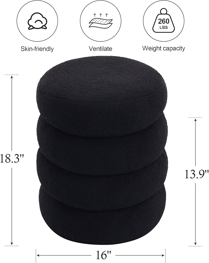 ONEVOG 16 Inch Small Ottoman Foot Rest, Sherpa Storage Ottoman for Toys, Black Vanity Stool Soft Tufted Fabric Pouf, Footstool Seat for Living Room, Dorm, Bedroom-Ruum Studio Home