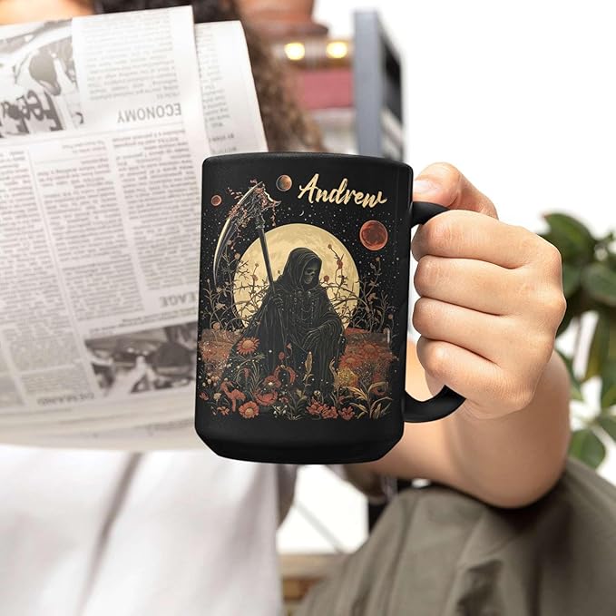 Custom Name Coffee Mug, Halloween Inspired Ceramic Cup 11oz 15oz, Personalized Spooky Reaper Coffee Cup, Halloween Character White Mug with Moon and Floral, Gifts for Men, Women-Ruum Studio Home