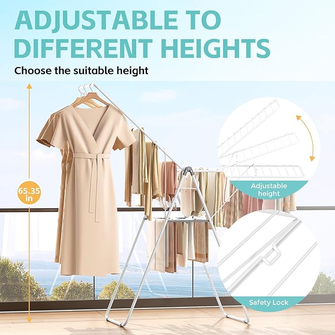 APEXCHASER Clothes Drying Rack, Oversized Drying Rack Clothing with Height-Adjustable, Foldable Gullwings Metal Laundry Rack, Indoor Outdoor Use, No Assembly, White-Ruum Studio Home