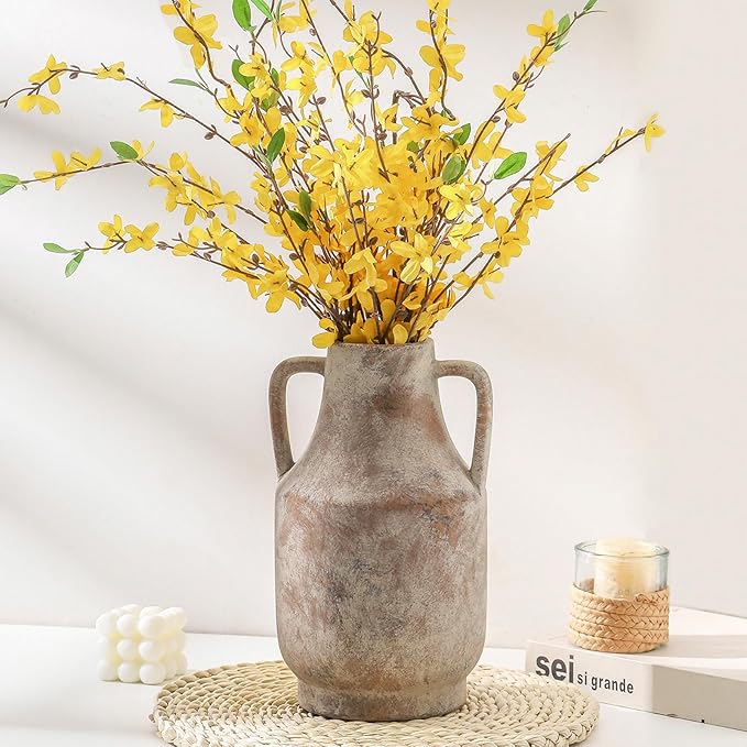 Mitt&Ditt Ceramic Flower Vase with Handles, 11 inch Tall Vase for Centerpieces, Large Decorative Terracotta Vases, Farmhouse Rustic Vases for Home Decor, Living Room, Table, Neutral-Ruum Studio Home