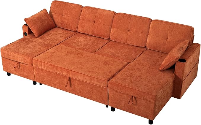 ACMEASE110“ Inches L-Shaped Pull Out Sofa Bed w/Storage Chaise & Adjustable Back, Chenille Sectional Sofa w/USB Port,Tufted Sleeper Couch w/Cup Holders for Living Room, Orange-Ruum Studio Home