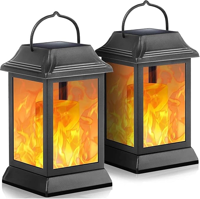 TomCare Solar Lights Metal Flickering Flame Solar Lantern Outdoor Hanging Lanterns Decorative Lighting Heavy Duty Solar Powered Waterproof Umbrella Lighting for Garden Yard Patio Deck, 2 Pack（Black）-Ruum Studio Home