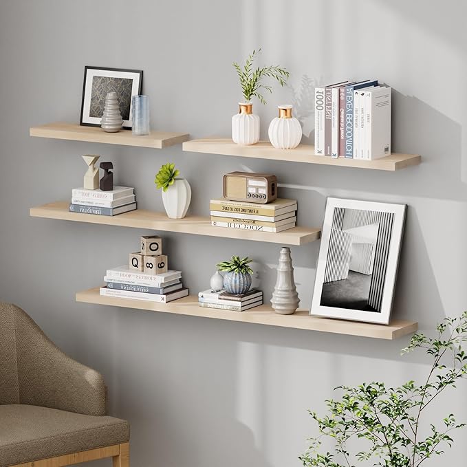 SAUMONIERES Floating Shelves 8 Inch Deep Solid Wood Wide Wall Shelf Set of 1 Wall Mounted for Bedroom Bathroom Living Room Kitchen, 55 Inch Natural-Ruum Studio Home