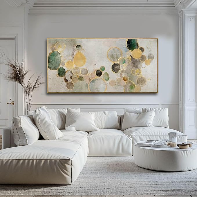 Abstract Canvas Wall Art Gold Circle Painting Green Artwork Framed Wall Prints 29"x 58" Office Wall Decor Colorful Pictures for Living Room Bedroom-Ruum Studio Home