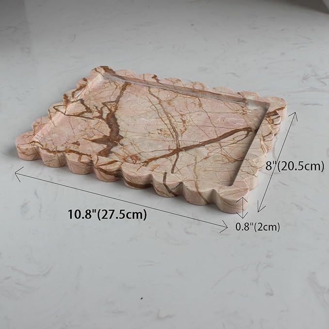 Natural Luxury Scalloped Marble Tray 10.8"x8", Rectangle Vanity Tray for Bathroom Kitchen Counter, Decorative Tray for Dresser Home Decor (Pink Marble)-Ruum Studio Home