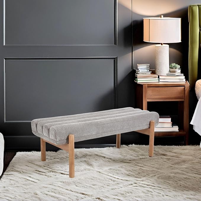 Upholstered Bench Grey Modern End of Bed Bench Chenille Fabric Bedroom Bench for Entryway Living Room Vanity Makeup Room, 47" Long, Wooden Legs-Ruum Studio Home