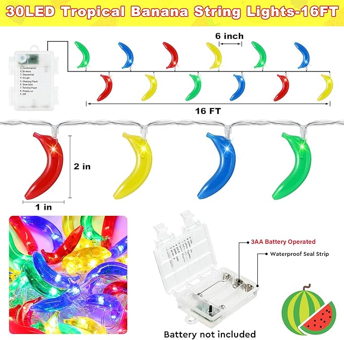 Couah [ 8 Modes & Timer ] Tropical Fruit Banana String Lights, 16 FT Summer String Lights with 30LED Banana Lights, Summer Fairy Lights Battery Operated for Tropical Beach Party Birthday Summer Decor-Ruum Studio Home