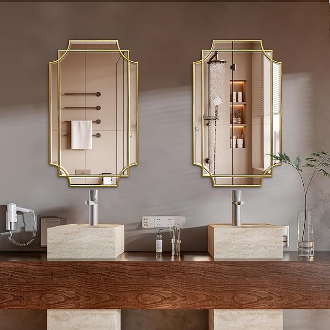30x20 Inch Gold Bathroom Mirror, Wooden Frame with Scalloped Polished Beveled Glass, Modern Art Wall Decor for Vanity, Irregular Rectangle Mirror for Bedroom, Living Room, Fireplace & Entryway-Ruum Studio Home