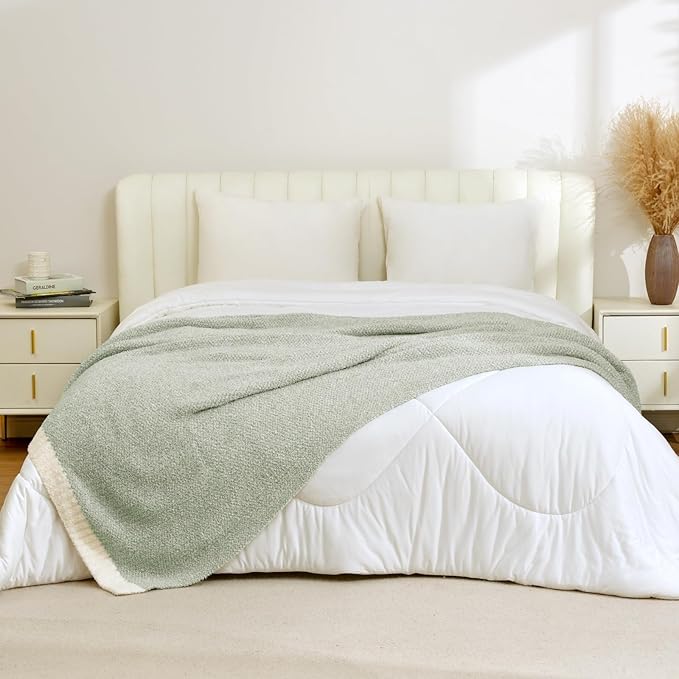 Snuggle Sac Heather Sage Green Blanket for Couch, Reversible Super Soft Knitted Blankets Warm Cozy Fuzzy Plush Throw Blankets for Sofa, Bed, Camping, Sage Green, 60x80 inches-Ruum Studio Home