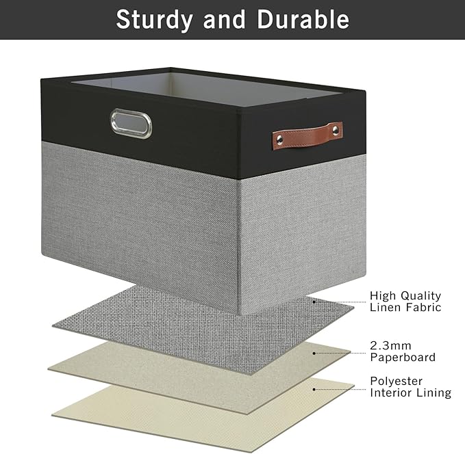 Large Collapsible Fabric Storage Bins with 3 Handles, Foldable Organizer Baskets for Closet, Shelves, Living Room | 3 Pack, Durable PU & Metal Handles (17"x11.8"x11.8", Black & Gray)-Ruum Studio Home