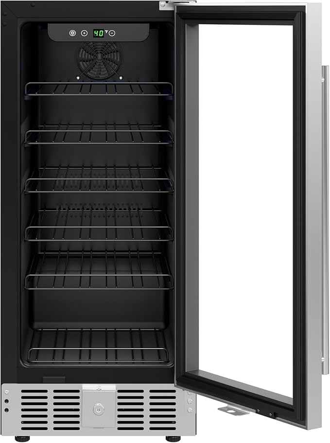 KoolMore 15” Inch Small Built-In Refrigerator and Beverage Cooler for Soda Cans, Beer Cans, Food and Fresh Snacks, 5 Wire Shelves, Adjustable Temperature Range (KM-BIR3C-GD), Stainless Steel-Ruum Studio Home
