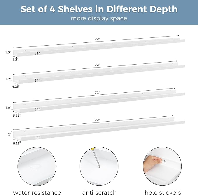Picture Ledge Shelf for Wall, 72 inch Nursery Book Shelves 4 Packs, Large Long Floating Ledge Shelves for Kid's Room Bedroom Bathroom Living Room Photo Frames Office Nursery Wall Decor, White-Ruum Studio Home