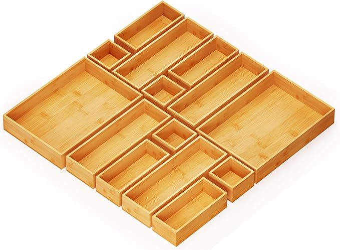 SpaceAid 14-Piece Bamboo Drawer Organizer Storage Boxes Set, Wood Tray Junk Drawer Organizers Multi-Use Divider Bins for Kitchen, Bathroom, Office Desk and Makeup Organization (14 Pack, Natural)-Ruum Studio Home